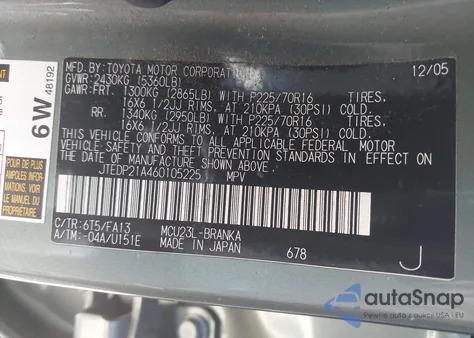 2006 Toyota Highlander V6 z USA, uszkodzony, nr VIN JTEDP21A460105225